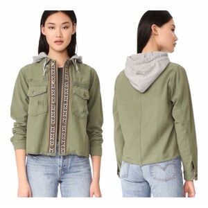 Free People Wanderer Distressed Cotton Hooded Military Jacket. Size Large.